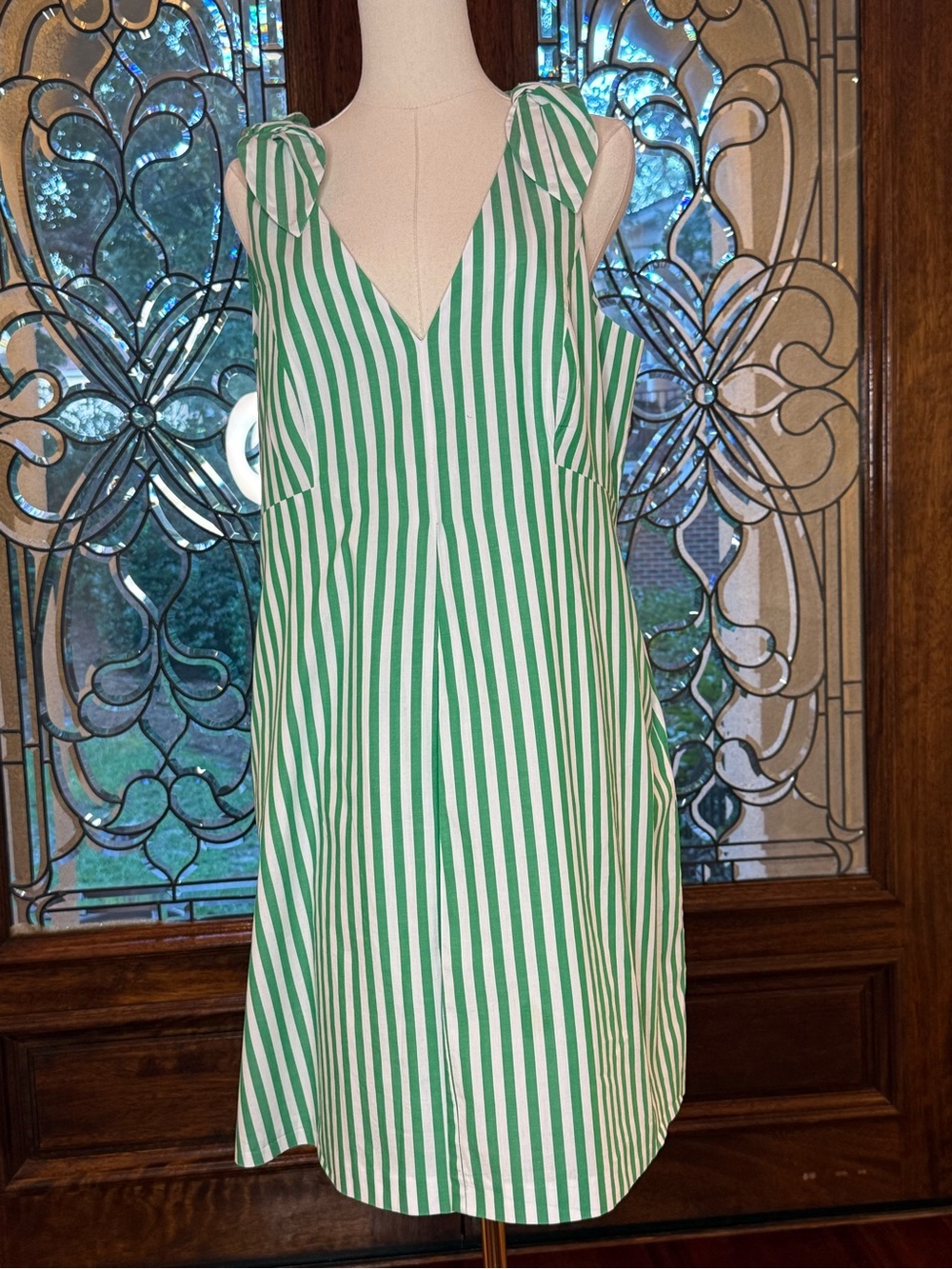 1901 by Nordstrom Green & White Stripe Tie Shoulder Dress With Side Pockets 14